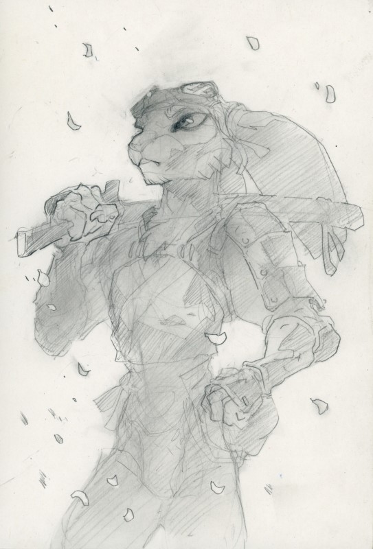 Graphite drawing of an anthropomorphic hare with a katana sword over his shoulder.