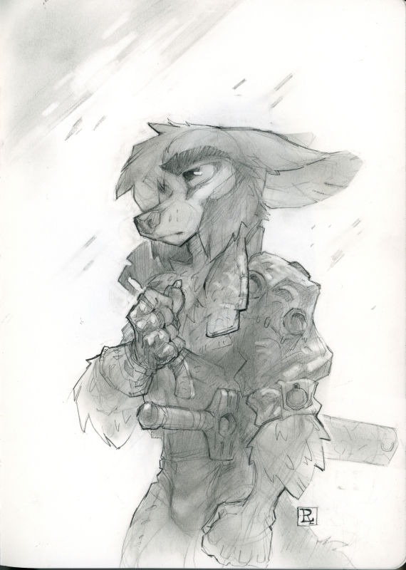 Graphite drawing of Wyit, anthropomorphic canine character.